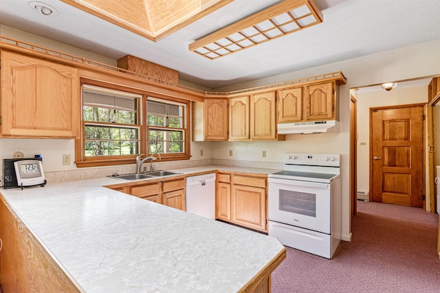 133 Pine Meadow Dr, Colchester, VT 05446 - kitchen featuring white appliances, under cabinet range hood, a sink, a peninsula, and light countertops