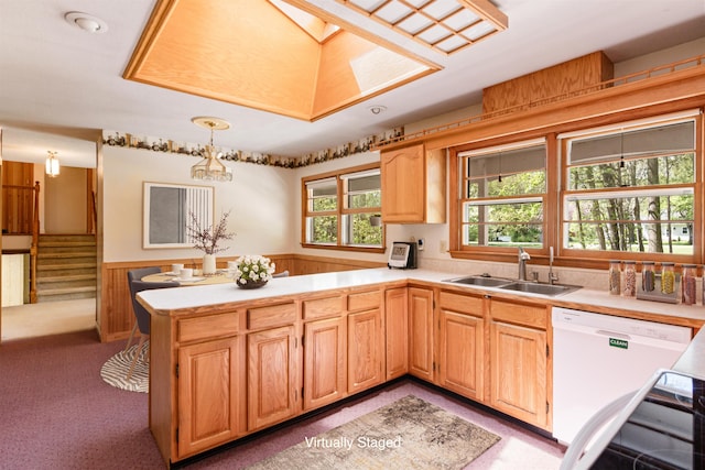 133 Pine Meadow Dr, Colchester, VT 05446 - kitchen featuring dishwasher, a sink, a wainscoted wall, light countertops, and a peninsula