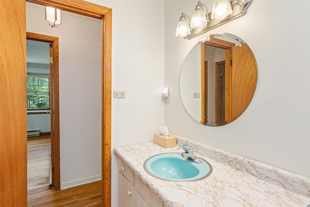 133 Pine Meadow Dr, Colchester, VT 05446 - bathroom with wood finished floors, vanity, a baseboard radiator, and baseboards