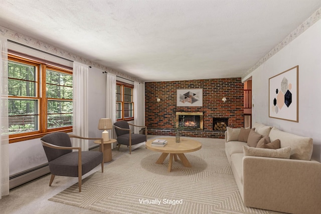 133 Pine Meadow Dr, Colchester, VT 05446 - living room with baseboard heating, a brick fireplace, and carpet flooring