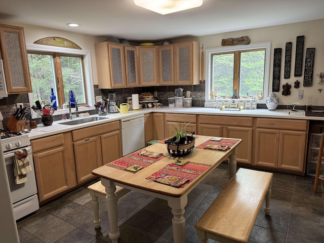 220 Foggs Ridge Rd, Ossipee, NH 03864 - kitchen with white appliances, a sink, decorative backsplash, light countertops, and glass insert cabinets