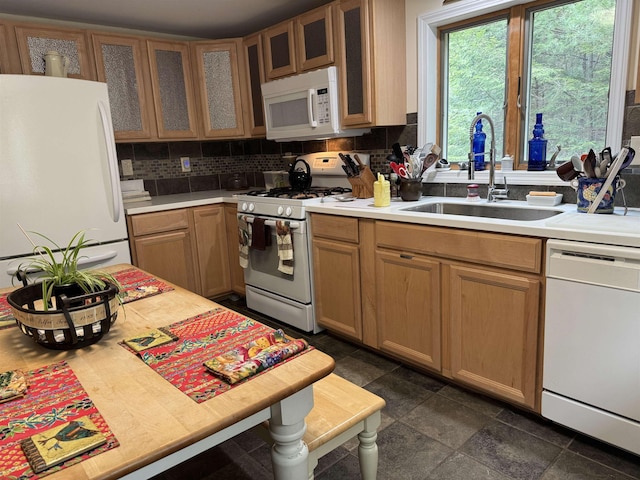220 Foggs Ridge Rd, Ossipee, NH 03864 - kitchen with white appliances, a sink, light countertops, and decorative backsplash