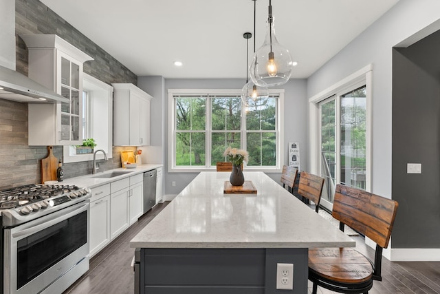 36 Caspian Ln, Shelburne, VT 05482 - kitchen with stainless steel appliances, a sink, wall chimney range hood, a center island, and plenty of natural light