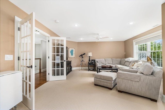 72 Settlers Ct, Bedford, NH 03110 - carpeted living room featuring french doors, ceiling fan, recessed lighting, and baseboards