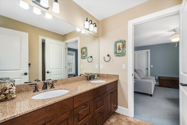72 Settlers Ct, Bedford, NH 03110 - full bath featuring double vanity, baseboards, and a ceiling fan
