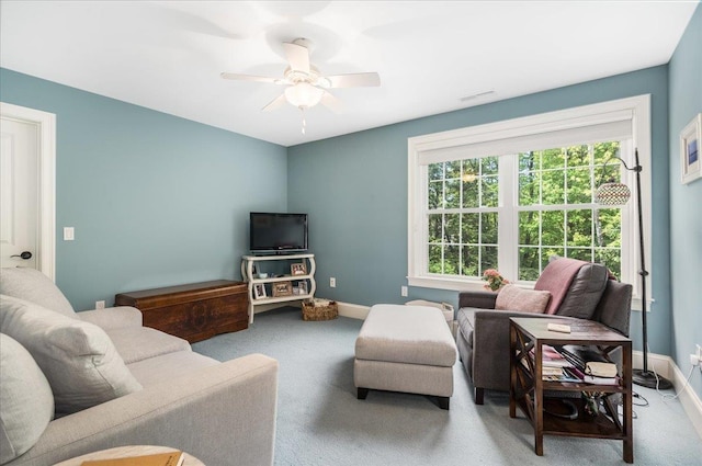 72 Settlers Ct, Bedford, NH 03110 - living room featuring carpet flooring, ceiling fan, and baseboards