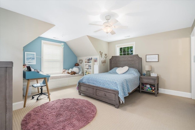 72 Settlers Ct, Bedford, NH 03110 - bedroom featuring baseboards, light carpet, lofted ceiling, and ceiling fan