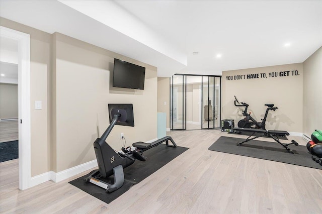 72 Settlers Ct, Bedford, NH 03110 - workout room featuring wood finished floors, baseboards, recessed lighting, and a baseboard radiator