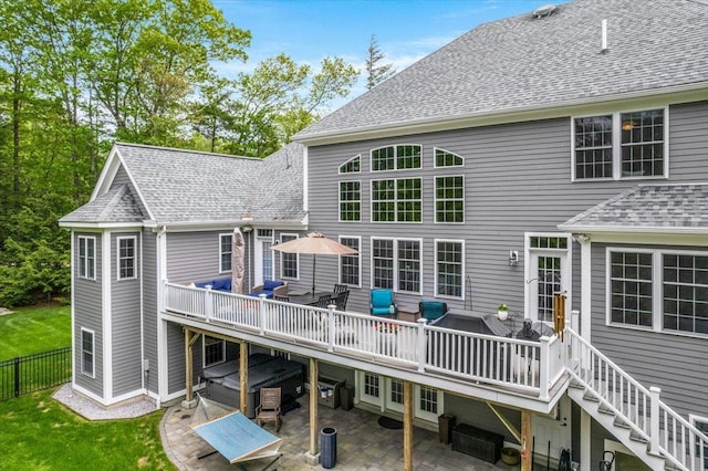 72 Settlers Ct, Bedford, NH 03110 - back of house featuring a patio area, a deck, a shingled roof, and stairs