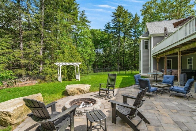 72 Settlers Ct, Bedford, NH 03110 - view of patio featuring an outdoor fire pit and a pergola