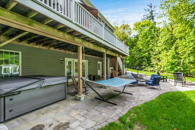 72 Settlers Ct, Bedford, NH 03110 - view of patio with a hot tub, french doors, stairs, and a wooden deck