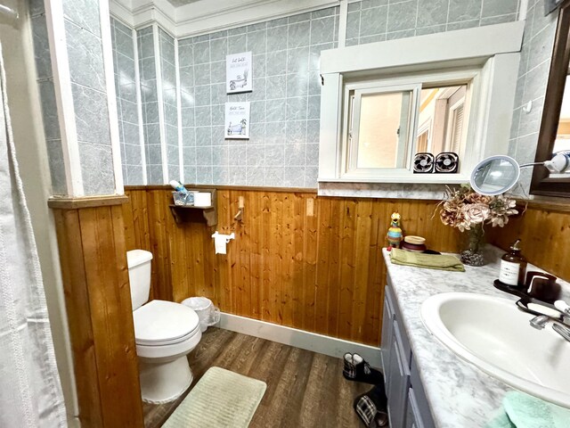 15 Park St, Colebrook, NH 03576 - bathroom featuring vanity, toilet, wood finished floors, and wooden walls