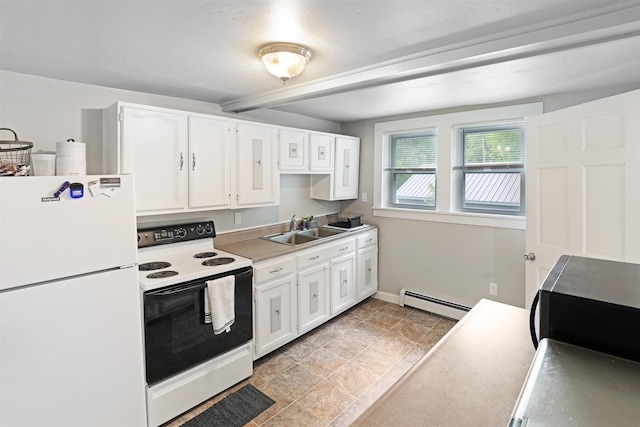 20 Daniel Webster Hwy, Plymouth, NH 03264 - kitchen with freestanding refrigerator, electric stove, baseboard heating, a sink, and white cabinetry