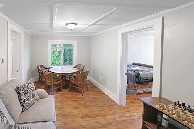 20 Daniel Webster Hwy, Plymouth, NH 03264 - dining space featuring light wood-type flooring, baseboard heating, baseboards, coffered ceiling, and ornamental molding