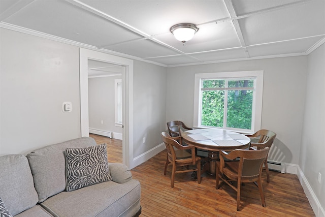 20 Daniel Webster Hwy, Plymouth, NH 03264 - dining area featuring baseboard heating, wood-type flooring, coffered ceiling, baseboards, and ornamental molding