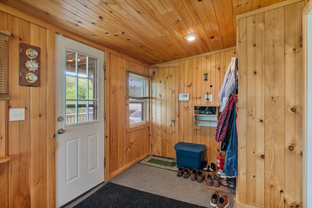 870 Cheesefactory Rd, Shelburne, VT 05482 - doorway featuring wooden ceiling, wood walls, and carpet flooring
