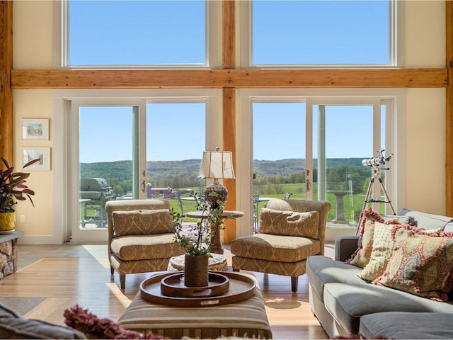 344 Morrie Rd, Washington, VT 05675 - living room with a towering ceiling, a mountain view, and plenty of natural light