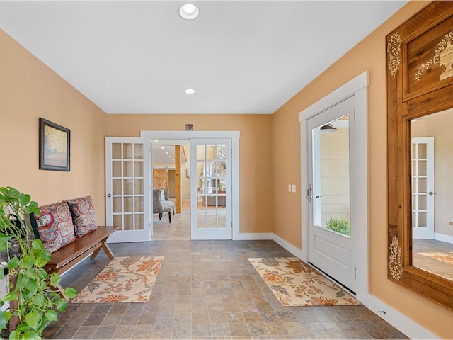 344 Morrie Rd, Washington, VT 05675 - doorway to outside featuring french doors, baseboards, and recessed lighting