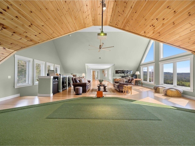 344 Morrie Rd, Washington, VT 05675 - living area featuring lofted ceiling, wooden ceiling, a ceiling fan, baseboards, and carpet flooring