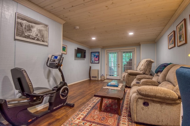 78 Saco Pines Rd Unit 9, Conway, NH 03813 - living area featuring crown molding, dark wood-type flooring, wooden ceiling, recessed lighting, and baseboards