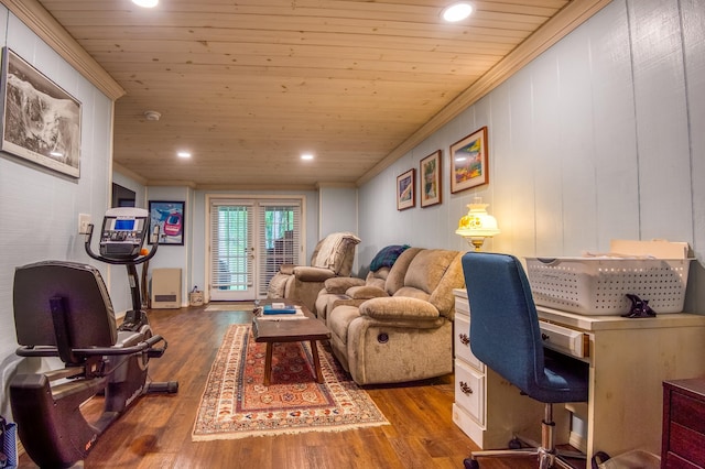 78 Saco Pines Rd Unit 9, Conway, NH 03813 - living room with an office area, wood finished floors, wooden ceiling, recessed lighting, and ornamental molding
