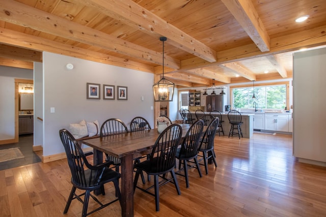 51 Lake View Rd, Westmore, VT 05822 - dining room featuring wooden ceiling with exposed beams, light wood-style floors, a chandelier, baseboards, and recessed lighting