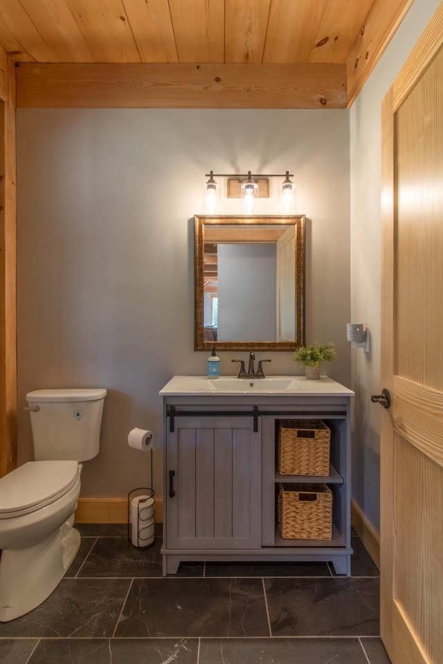 51 Lake View Rd, Westmore, VT 05822 - half bath with baseboards, vanity, toilet, wooden ceiling, and marble finish flooring