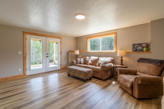 51 Lake View Rd, Westmore, VT 05822 - living room with french doors, light wood-style floors, a textured ceiling, and baseboards