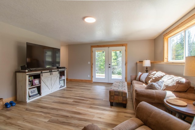 51 Lake View Rd, Westmore, VT 05822 - living room featuring plenty of natural light, light wood finished floors, french doors, baseboards, and a textured ceiling
