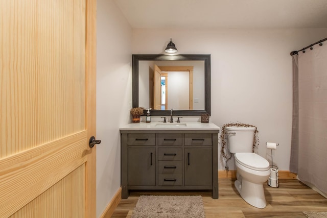 51 Lake View Rd, Westmore, VT 05822 - bathroom with wood finished floors, vanity, toilet, a shower with shower curtain, and baseboards