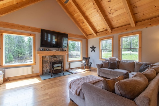 51 Lake View Rd, Westmore, VT 05822 - living area with radiator, a wood stove, wood finished floors, wood ceiling with exposed beams, and high vaulted ceiling