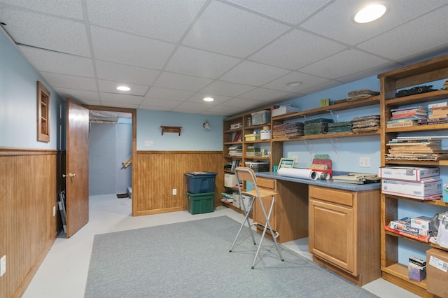 71 Scottsdale Rd, Newport City, VT 05855 - home office featuring wainscoting, a drop ceiling, wooden walls, and recessed lighting