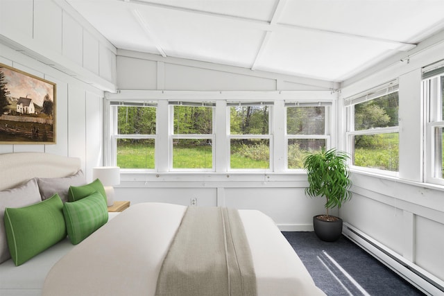 1176 Cross Rd, Strafford, VT 05070 - sunroom featuring a baseboard radiator, vaulted ceiling, and a decorative wall