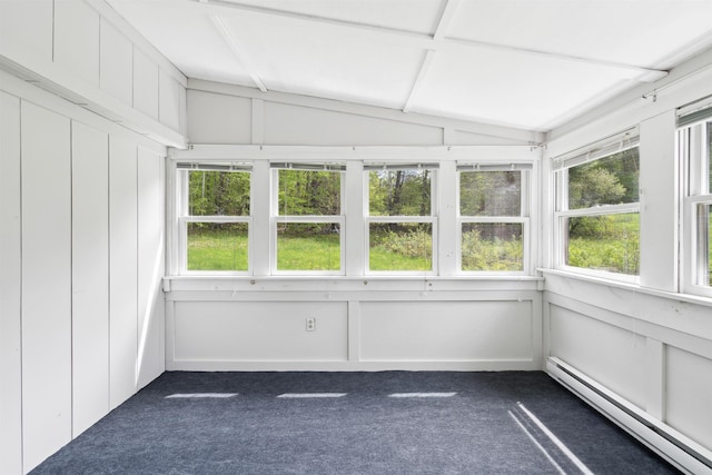 1176 Cross Rd, Strafford, VT 05070 - unfurnished sunroom featuring a baseboard heating unit, carpet, vaulted ceiling, and a decorative wall