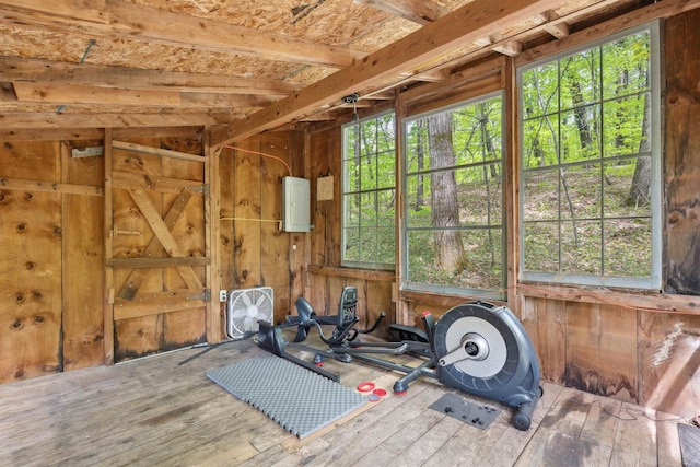 1176 Cross Rd, Strafford, VT 05070 - workout room featuring hardwood / wood-style floors, electric panel, and wood walls