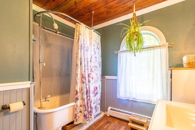 174 Andrews Rd, Holland, VT 05830 - bathroom with wood ceiling, wainscoting, wood finished floors, and a baseboard radiator