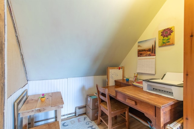174 Andrews Rd, Holland, VT 05830 - office area featuring vaulted ceiling, baseboard heating, and wood finished floors