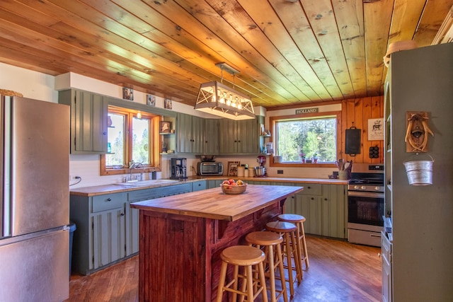 174 Andrews Rd, Holland, VT 05830 - kitchen featuring stainless steel appliances, butcher block counters, a sink, wooden ceiling, and dark wood finished floors
