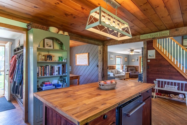174 Andrews Rd, Holland, VT 05830 - kitchen featuring wooden counters, dark wood-style floors, wood walls, wooden ceiling, and stainless steel dishwasher