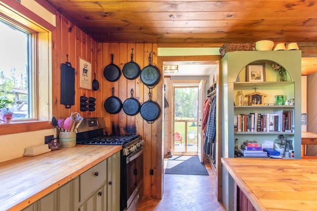174 Andrews Rd, Holland, VT 05830 - kitchen with stainless steel gas stove, wooden counters, wooden ceiling, wood finished floors, and wood walls