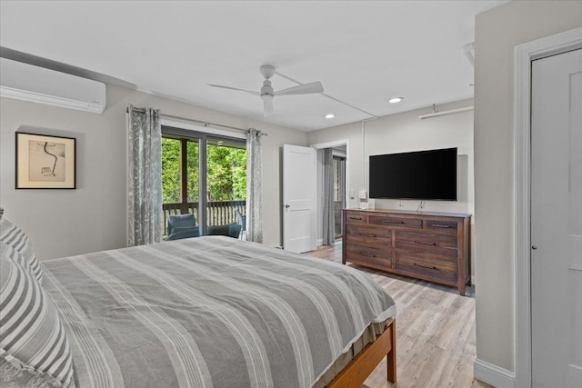 109 Mountainside Dr Unit G202, Stowe, VT 05672 - bedroom with access to outside, a wall mounted AC, light wood finished floors, recessed lighting, and ceiling fan