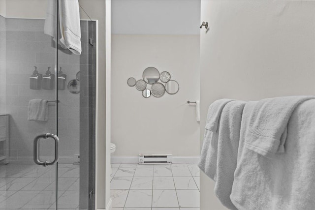 109 Mountainside Dr Unit G202, Stowe, VT 05672 - full bath with marble finish floors, toilet, a baseboard heating unit, a shower stall, and baseboards