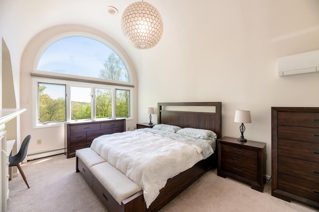 21 Hawk Ridge Rd, Meredith, NH 03253 - bedroom with a baseboard radiator, light carpet, and a wall mounted air conditioner