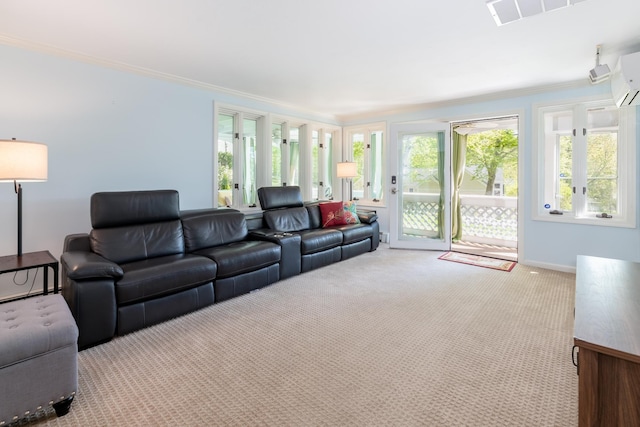 21 Hawk Ridge Rd, Meredith, NH 03253 - carpeted living area featuring crown molding and baseboards