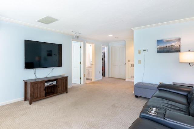 21 Hawk Ridge Rd, Meredith, NH 03253 - living area with ornamental molding, light carpet, baseboards, and recessed lighting