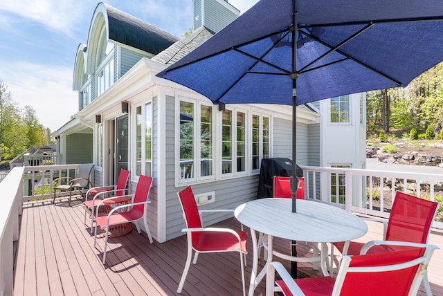 21 Hawk Ridge Rd, Meredith, NH 03253 - wooden terrace featuring a grill and outdoor dining space