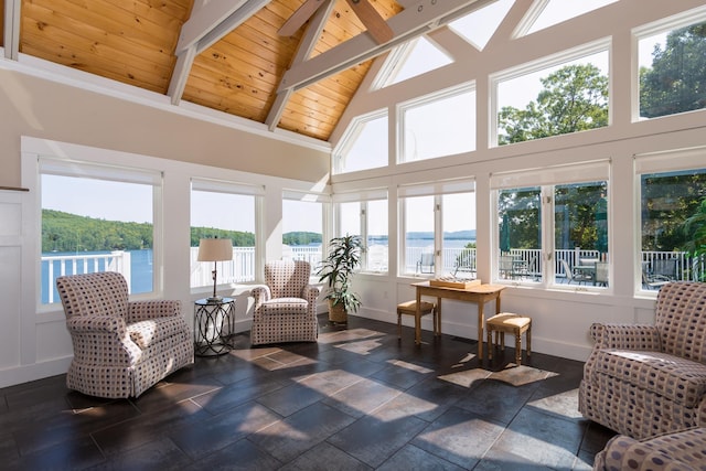 21 Hawk Ridge Rd, Meredith, NH 03253 - sunroom featuring wooden ceiling with exposed beams, a water view, baseboards, and high vaulted ceiling