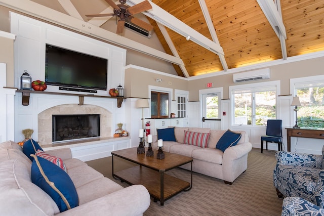 21 Hawk Ridge Rd, Meredith, NH 03253 - carpeted living room with an AC wall unit, ceiling fan, high vaulted ceiling, wood ceiling with exposed beams, and a premium fireplace
