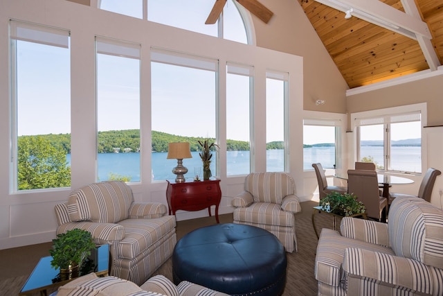 21 Hawk Ridge Rd, Meredith, NH 03253 - sunroom featuring high vaulted ceiling, a water view, healthy amount of natural light, and wooden ceiling with exposed beams