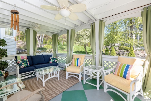 21 Hawk Ridge Rd, Meredith, NH 03253 - sunroom featuring an outdoor hangout area, a ceiling fan, and beam ceiling